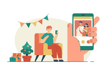 Happy man making christmas video call to his friends using smartphone. Meeting together by the internet during isolation. Remote holiday greetings concept. Modern flat vector illustration