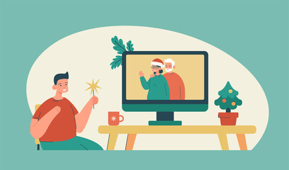 Happy man making christmas video call to his parents using computer. Meeting together by the internet during isolation. Remote holiday greetings concept. Modern flat vector illustration