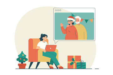 Happy woman making christmas video call to her parents using laptop. Meeting together by the internet during isolation. Remote holiday greetings concept. Modern flat vector illustration