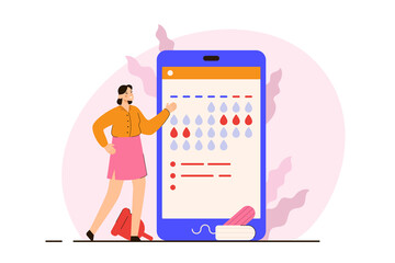 Naklejka na ściany i meble Happy woman at period calendar on the phone with tampons and cup. Menstrual cycle schedule. PMS and ovulation online checking concept. Modern flat vector illustration