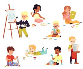 Set of various little cute cartoon characters of boys and girls doing different crafts