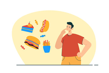 Man thinking about junk food. Unhealthy food and obesity. Diet and nutrition concept. Modern flat vector illustration