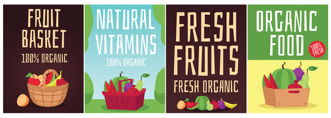 Set of colorful vector posters with baskets full fresh ripe fruits.
