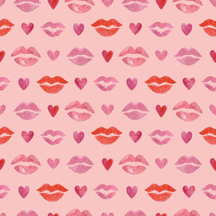 Red lipstick kisses and tiny hearts on a pink background: seamless pattern. Watercolor lips imprints. Romantic fashion design. Glamour fabric texture. Minimal Valentine’s Day wrapping paper