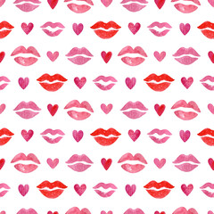 Red and pink watercolor kisses and tiny hearts on a white background: seamless pattern. Fashion fabric texture. Colorful lipstick prints. Cute Valentine’s Day wallpaper and packaging design