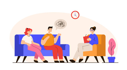 Female psychologist consulting man and woman at the office. Marriage counseling, relationship problems, couple therapy concept. Modern flat vector illustration