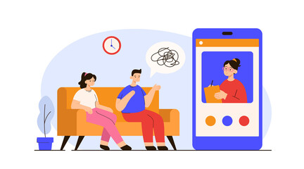 Female psychologist consulting man and woman online by smartphone. Marriage counseling, relationship problems, couple therapy concept. Modern flat vector illustration