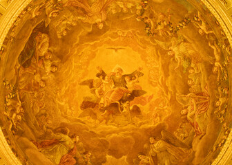 FORLÍ, ITALY - NOVEMBER 11, 2021: The detail of fresco of God the Father among the four Evangelist symbols in cupola of Cattedrala di Santa Croce by Giovanni Secchi (1876 - 1950). - obrazy, fototapety, plakaty