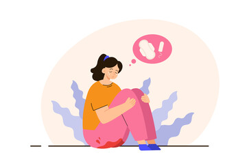 Sad young woman crying with blood stain on pants. PMS, cramps, ovulation and gynecology problems concept. Modern flat vector illustration