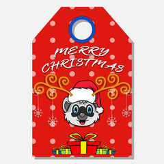 Merry Christmas Happy New Year hand drawn label tag With Cute Raccoon Head Character Design.