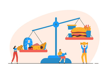 Tiny people weigh healthy and unhealthy products. Junk food, diet and nutrition concept. Modern flat vector illustration