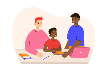 Two fathers helping son with a homework. LGBTQ multinational family. Learning, studying process at home. Education, homeschooling concept. Modern flat vector illustration