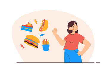 Woman rejecting junk food. Person deciding to eat healthy. Junk food, diet and nutrition concept. Modern flat vector illustration