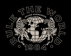 Black and White Tigers Around The Globe and Rule The World Slogan Artwork Artwork on Black Background For Apparel and Others Uses
