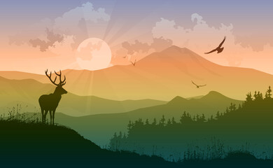 mountain landscape with a deer, vector illustration - 472030055