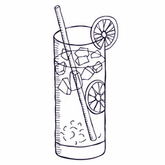 Refreshing orange cocktail. Line art, vector illustration