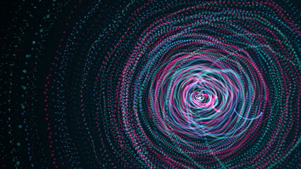 Dynamic lines and dots for background music. Network Design with Particle. Radial sound wave curve with light particles. 3D Technology Style.