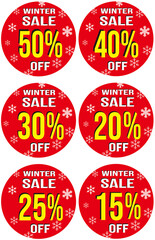 Various labels saying winter sale with 15% 20% 25% 30% 40% 50% off 
