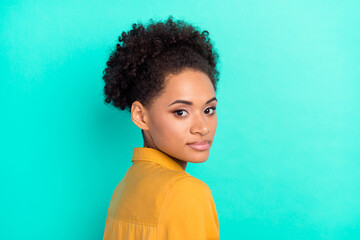 Profile side view portrait of attractive content girl modern hairdress isolated over bright teal...