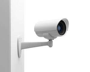 White CCTV security camera on the white wall, 3d rendering