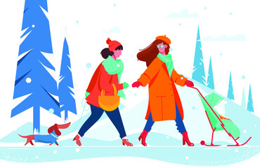 Beautiful Women Walking Along Snowy Winter Street