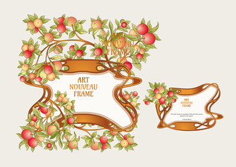Apples on branches Template for product label, cosmetic packaging. Easy to edit. Vector illustration. In art nouveau style, vintage, old, retro style.