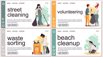 Environmental volunteering and social charity banners, flat vector illustration.