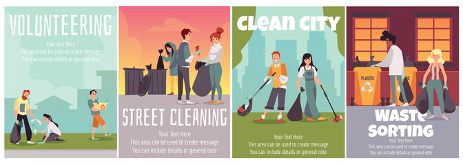 Waste sorting and street cleaning banners or cards flat vector illustration.