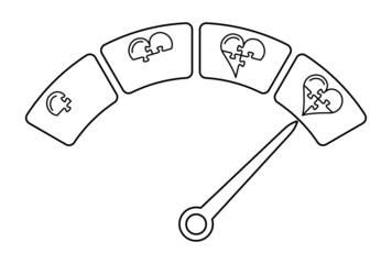 Love, health gauge concept vector with puzzle shaped hearts and indicator, outline design. Use this heart concept design in healthcare, valentine's day and love concept projects.