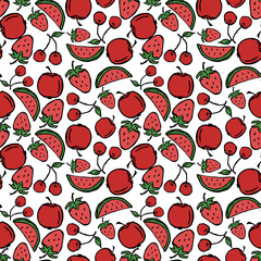 vector apple, cherry, watermelon, strawberry icons. Colored seamless pattern with red food icons. 