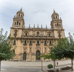 Fototapeta na wymiar View at the Jaén Cathedral, a grand baroque-Renaissance cathedral housing the noted Santo Rostro relic and religious art museum on Plaza Santa Maria, Jaén city downtown