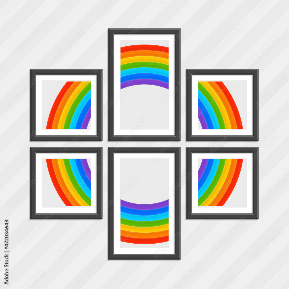 Poster set of wooden frames with rainbow. wooden square picture frames of colorful set for your web design.