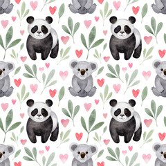 Watercolor panda bear and lovely koala baby seamless pattern. Cute hand-drawn animals, pink hearts, and green leaves on white background. Nursery decor, sweet pastel wallpaper, delicate fabric texture © flaxlynx