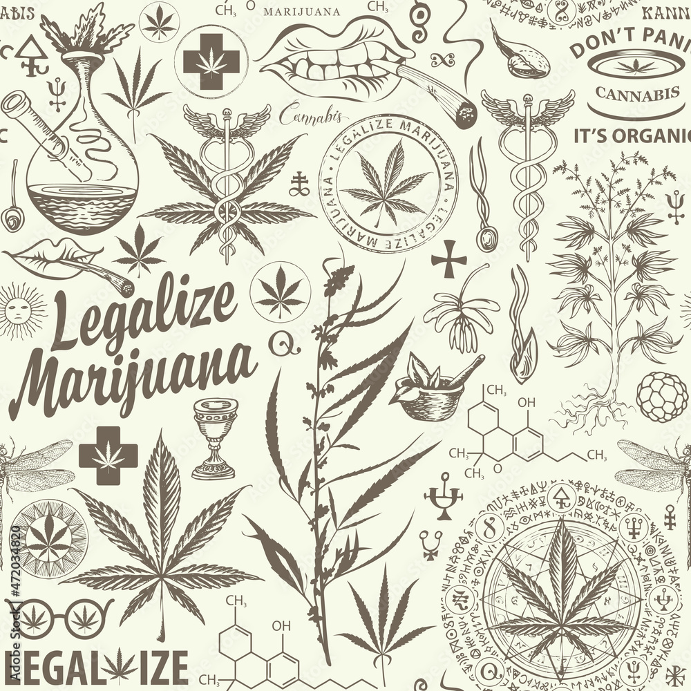 Poster vector seamless pattern on the theme of legalize marijuana. monochrome repeatable background with he