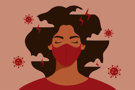 African American woman feels anxiety and emotional stress. Depressed black girl with gloomy thoughts surrounded virus breathes through a protective mask. Mental health problems in pandemic.Vector