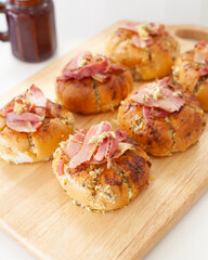 Korean cream cheese garlic bread with crispy bacon