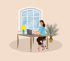 A woman works at a laptop at home office.  Remote work, freelance or student. A woman is sitting at a table against the background of a window. Vector illustration 