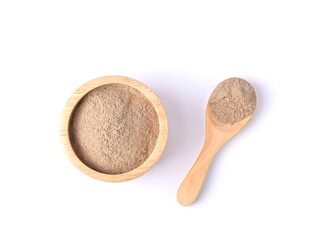 Fototapeta na wymiar Houjicha tea powder (Roasted green tea powder) in wooden bowl on white background