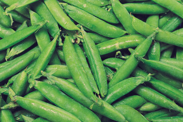 Fresh pea pods as background. Top view.