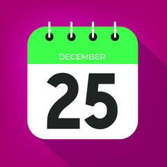 December day 25. Number twenty-five on a white paper with green color border on a red wine christmas background vector.