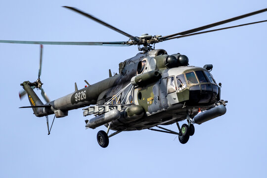 Czech Republic Air Force Mil Mi-171Sh transport and attack helicopter in flight over Kleine-Brogel Air Base, Belgium - September 13, 2021