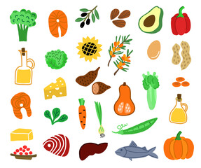 Set of illustrations of healthy organic food, vegetables, meat, fish, vegetable oil, nuts. Isolated vector illustration of food made in flat style