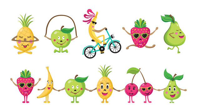 Collection of painted cartoon fruits doing sports