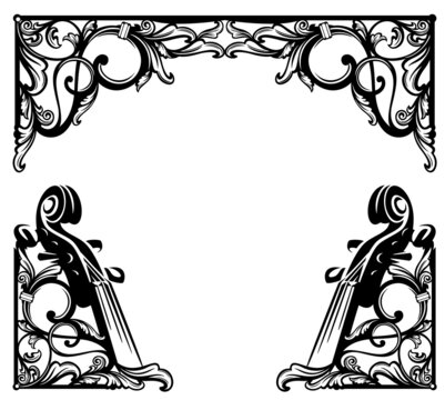 antique style calligraphic floral ornament forming copy space frame for classical music design -  black and white vintage vector decorative background with page border and corners decorated with violi