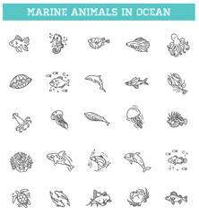 Fish and wild marine animals in ocean.