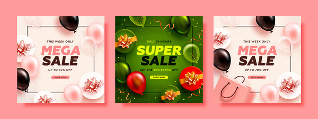 Super and mega sale square banner template with realistic balloons and gift box on pink and green background. Vector illustration