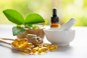 Alternative medicine nature herbal organic capsule, drug with herbs leaf natural supplements for healthy good life.