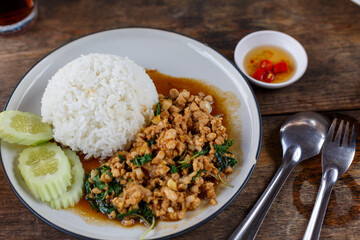 Minced pork basil with rice in Thai style