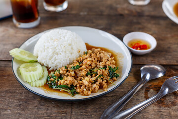 Minced pork basil with rice in Thai style