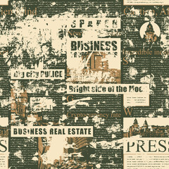 Abstract seamless pattern with scuffed old newspaper or magazine pages. Repeating vector background, wallpaper, wrapping paper or fabric in grunge style with titles, illustrations and illegible text